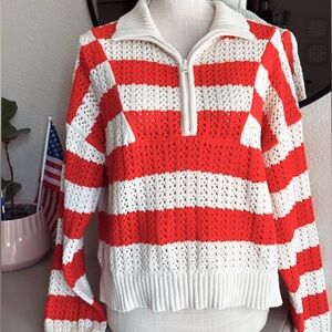 A New Day Red and White Cowl Striped Neck Quarter Zip Sweater